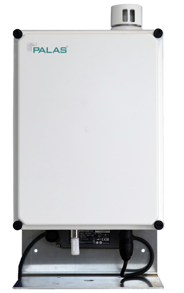 A white device with a green Palas logo in the top left, placed in front of a white background. At the bottom, ports and connections of the AQ Guard Smart System are visible, which are necessary for demanding environmental conditions and temporary as well as permanent air quality monitoring.