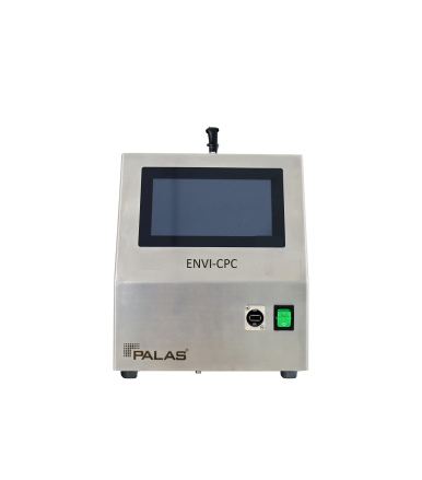 A gray apparatus and Palas device placed in front of a white blackground. The ENVI CPC System has a display on the front and two buttons and the Palas logo below. The system allows users the precise and reliable measurement of ultra fine particles.