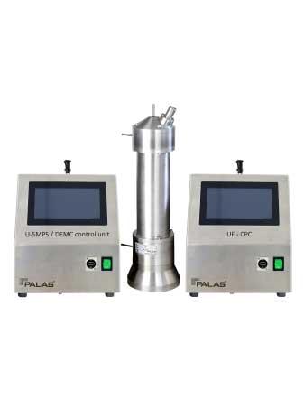 Two gray devices with a screen, two buttons and the Palas logo on the front, are placed in front of a white background. The U-SMPS control unit and the UF-CPC, which make up the U-SMPS System by Palas, are flanking the DEMC column with an Aerosol inside.